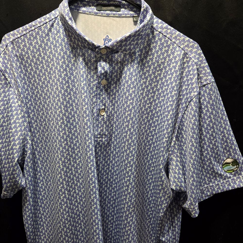 Turtleson L Blue Geometric Print Performance Golf Polo Shirt Tech Moisture Wicki
